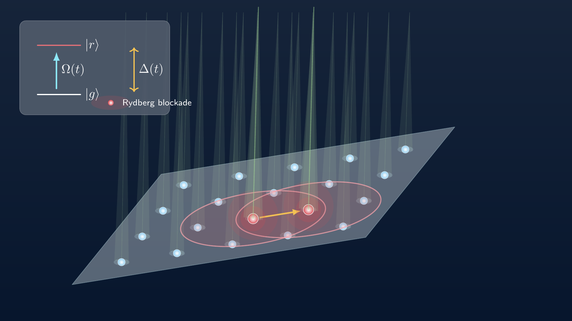 Isometrically projected five-by-four optical-tweezer array with excitation beams, two adjacent Rydberg atoms, overlapping blockade regions, and a ground-to-Rydberg control inset